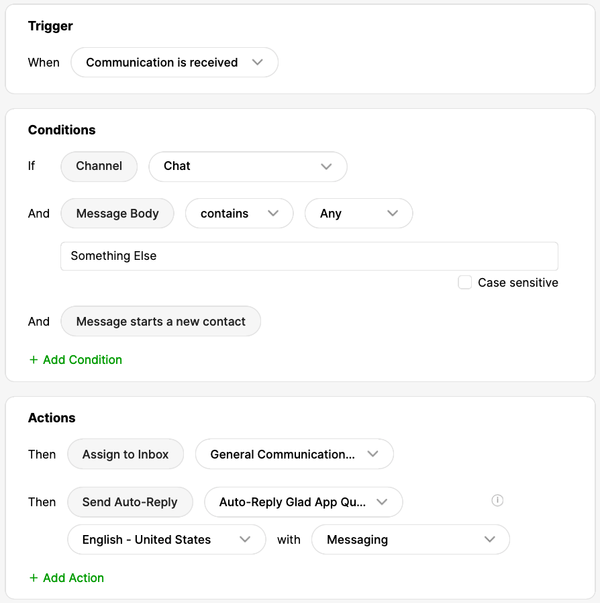 Workflow for handling chat communications and auto-reply actions for new contacts.