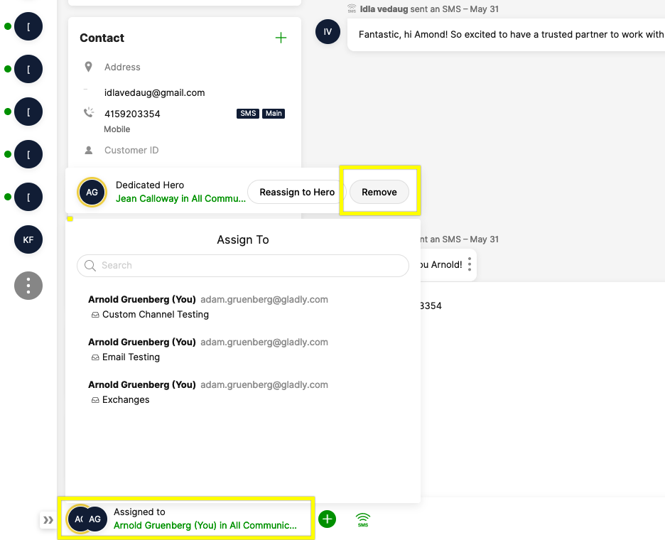 Contact details and assignment options for Arnold Gruenberg in a messaging interface.