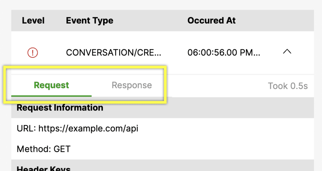 Log entry showing request details and response time for an API call.