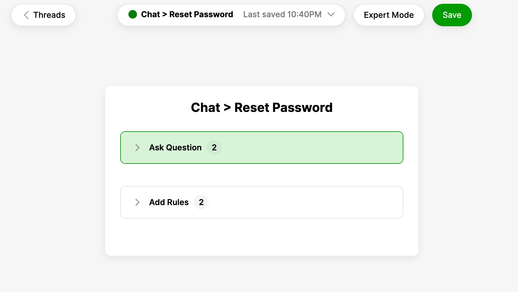 Interface for resetting password with options to ask questions and add rules.