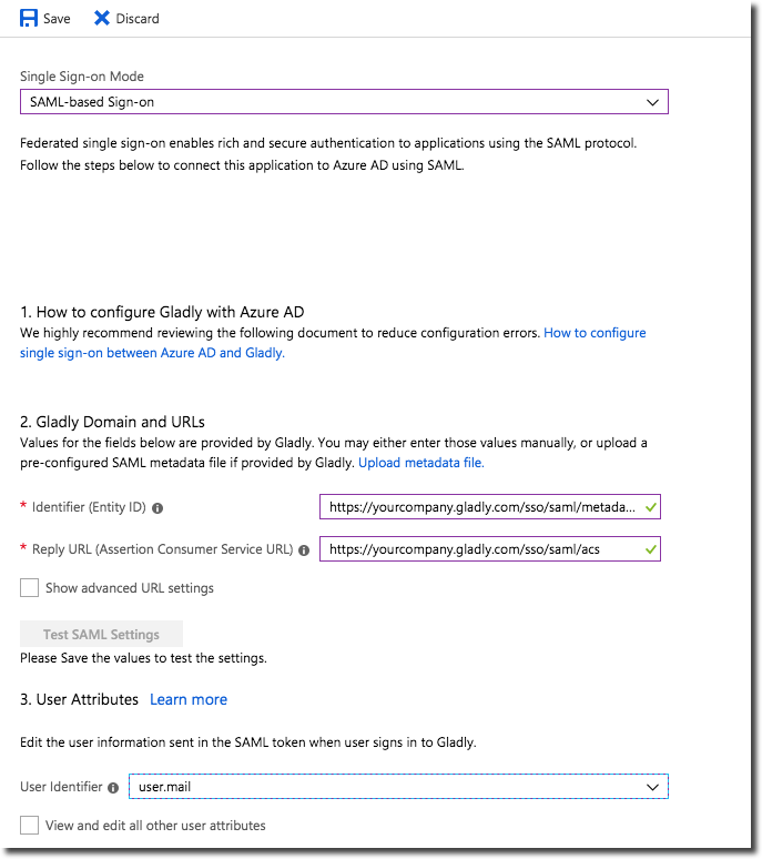 Configuration settings for SAML-based single sign-on with Gladly and Azure AD.