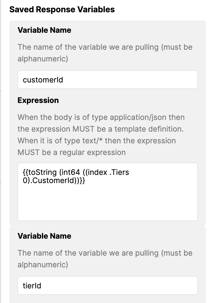 Variables and expressions for customer ID and tier ID in a programming context.