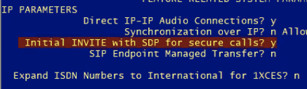 Configuration settings for IP parameters including secure call options and transfers.