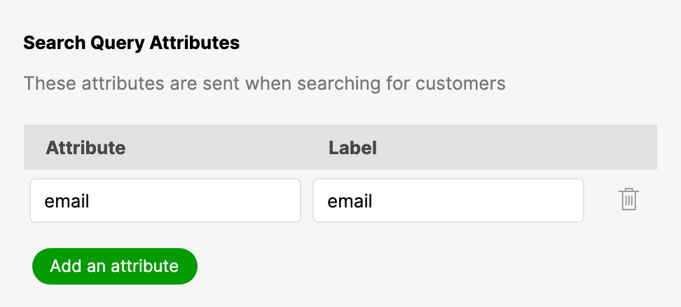 Search query attributes section showing email attribute and label input fields.