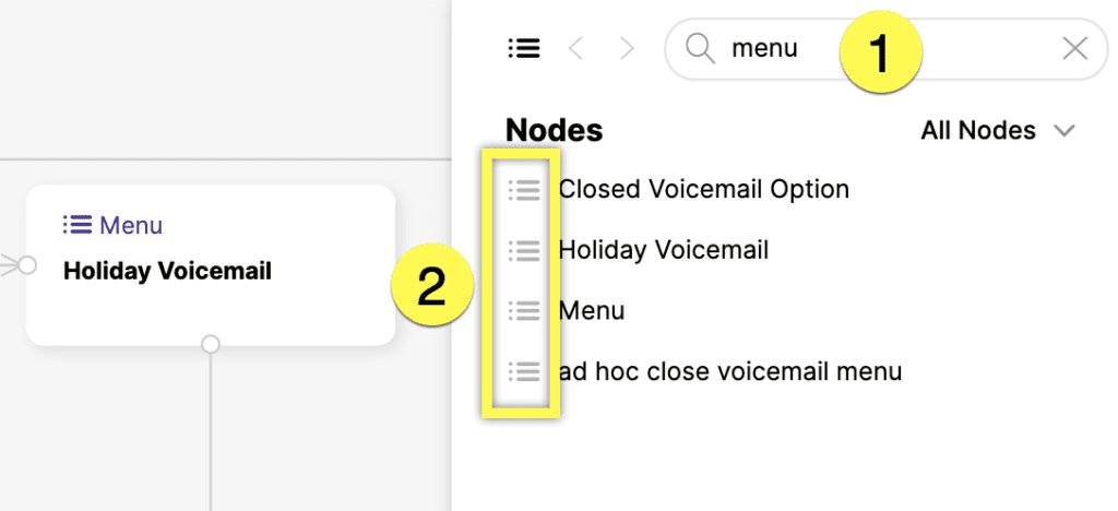 Menu options for voicemail including Holiday Voicemail and Closed Voicemail Option.