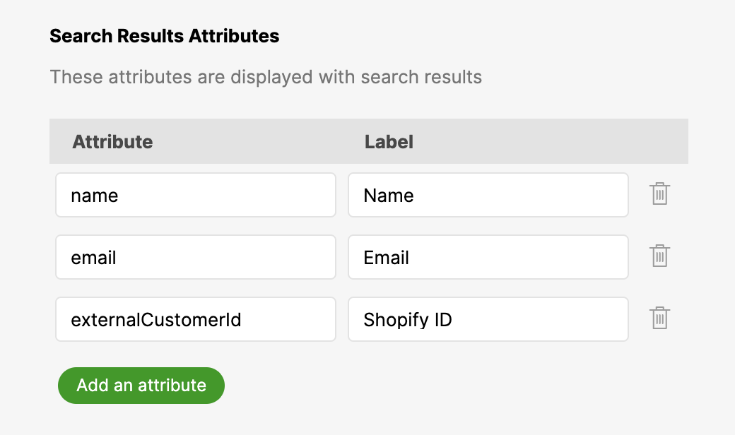 Search results attributes including name, email, and Shopify ID for display.