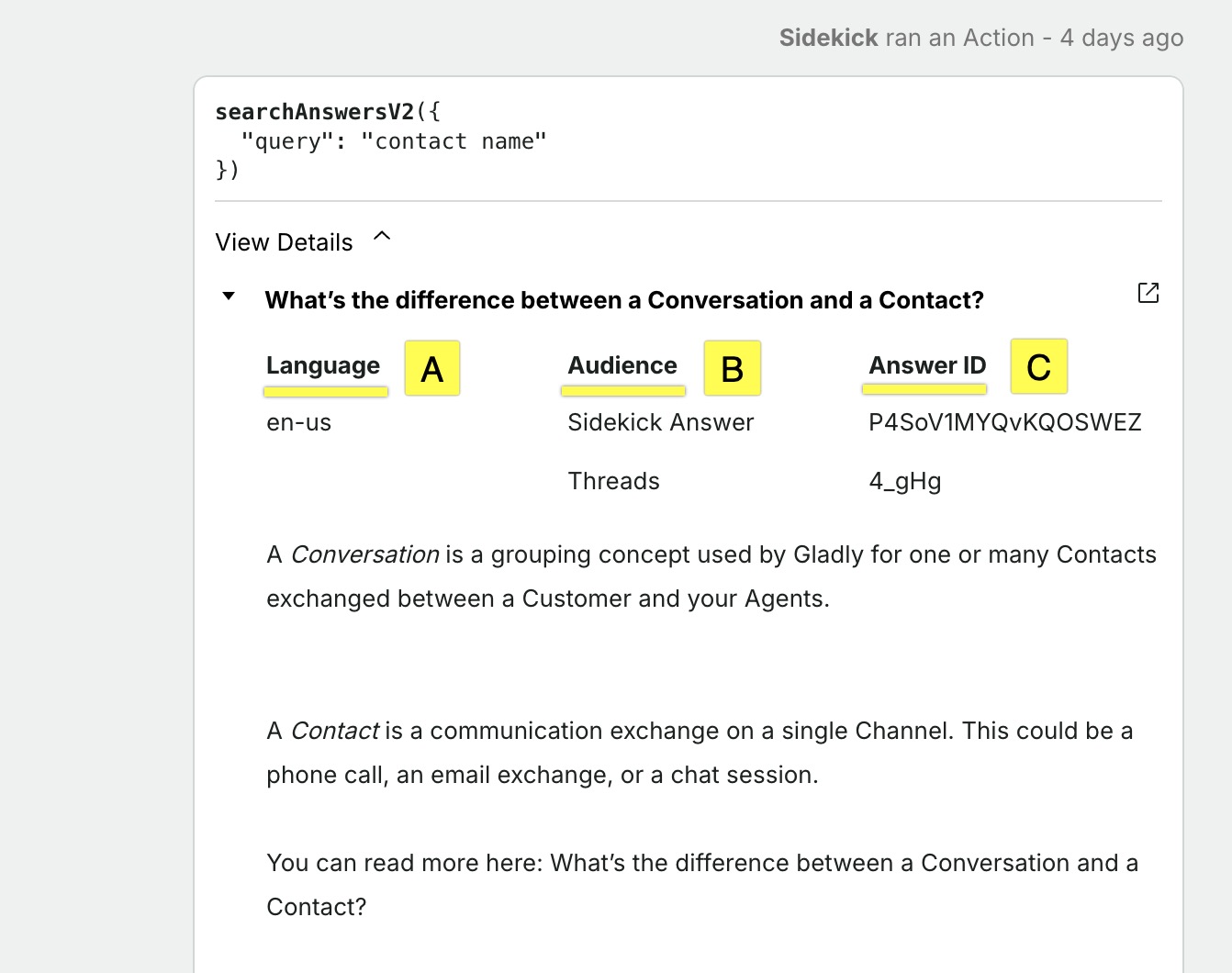 Explanation of the difference between a Conversation and a Contact in customer service.