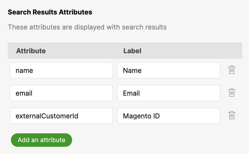 Search results attributes including name, email, and Magento ID for display.