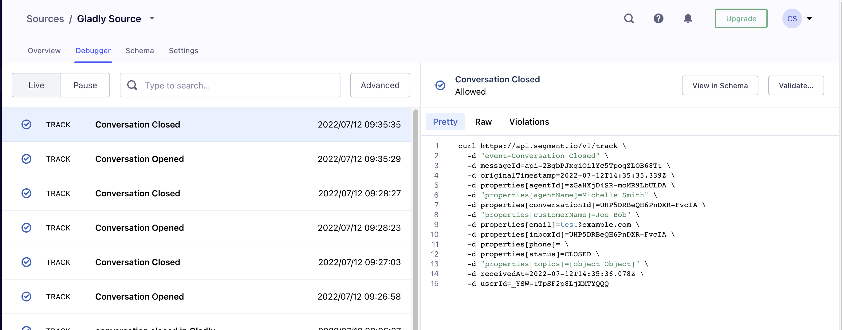 Debugger interface showing conversation tracking events and their timestamps.