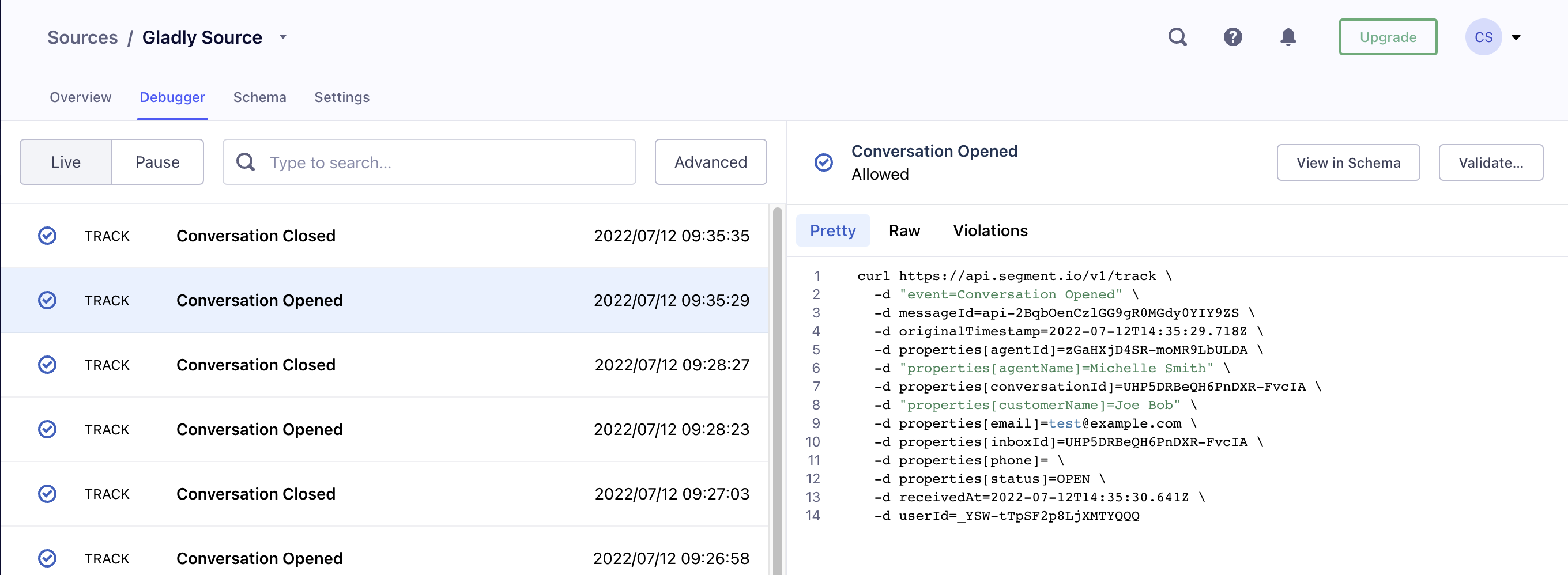 Debugger interface showing conversation events with timestamps and properties for tracking.