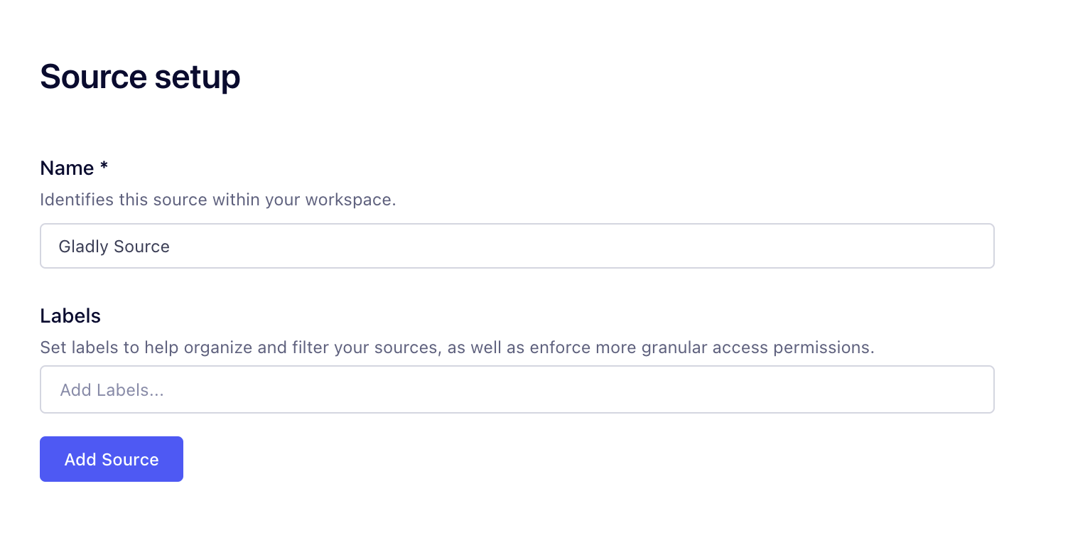 Setup form for adding a new source with name and labels fields.