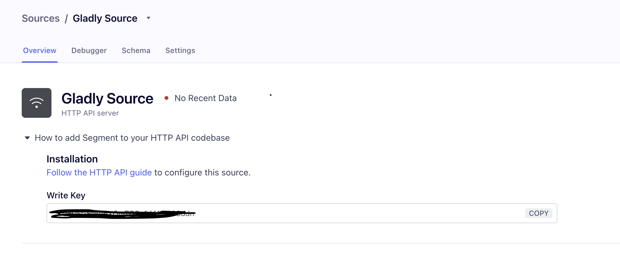 Overview of Gladly Source with installation instructions and write key section.