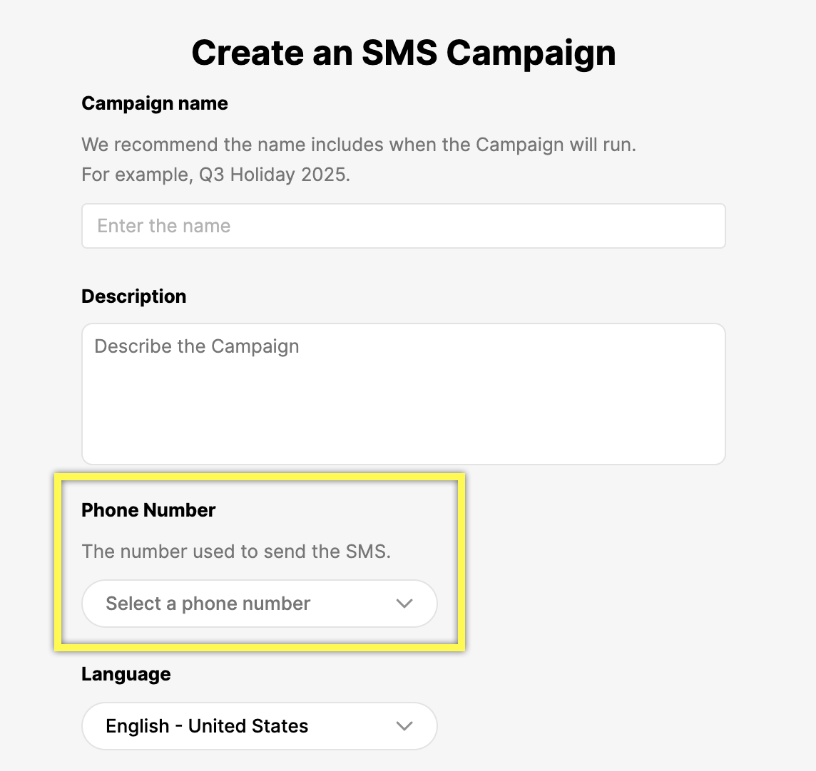 Form to create an SMS campaign, highlighting the phone number selection field.