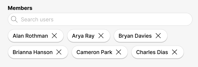 List of members with search functionality and options to remove members from the list.