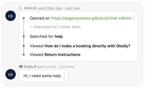 User Katie B seeks help through the Glad App chat interface.