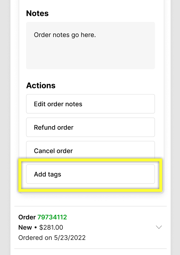 Interface showing order details with options to edit notes and add tags.