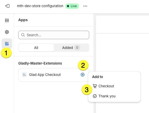 Configuration settings for Glad App Checkout in the mth-dev-store interface.