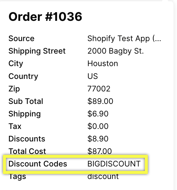 Order summary showing discount code 'BIGDISCOUNT' and total cost details.