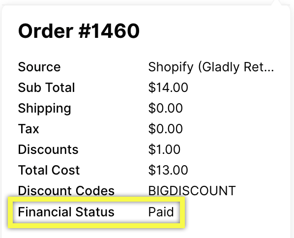 Order summary showing financial status as paid and total cost details.