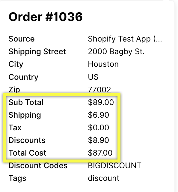 Order summary showing subtotal, shipping, tax, discounts, and total cost details.