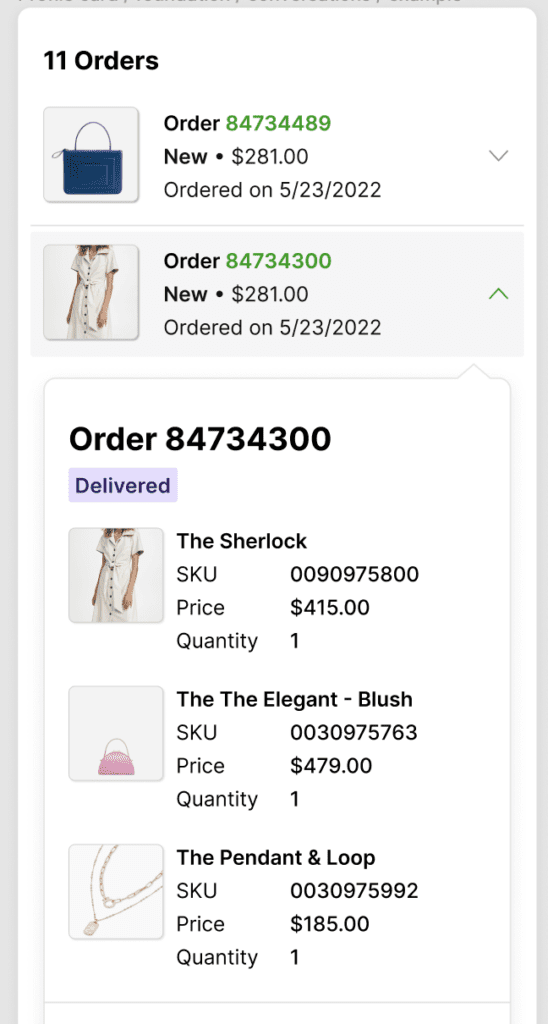 Order summary showing delivered items with details including SKU, price, and quantity.