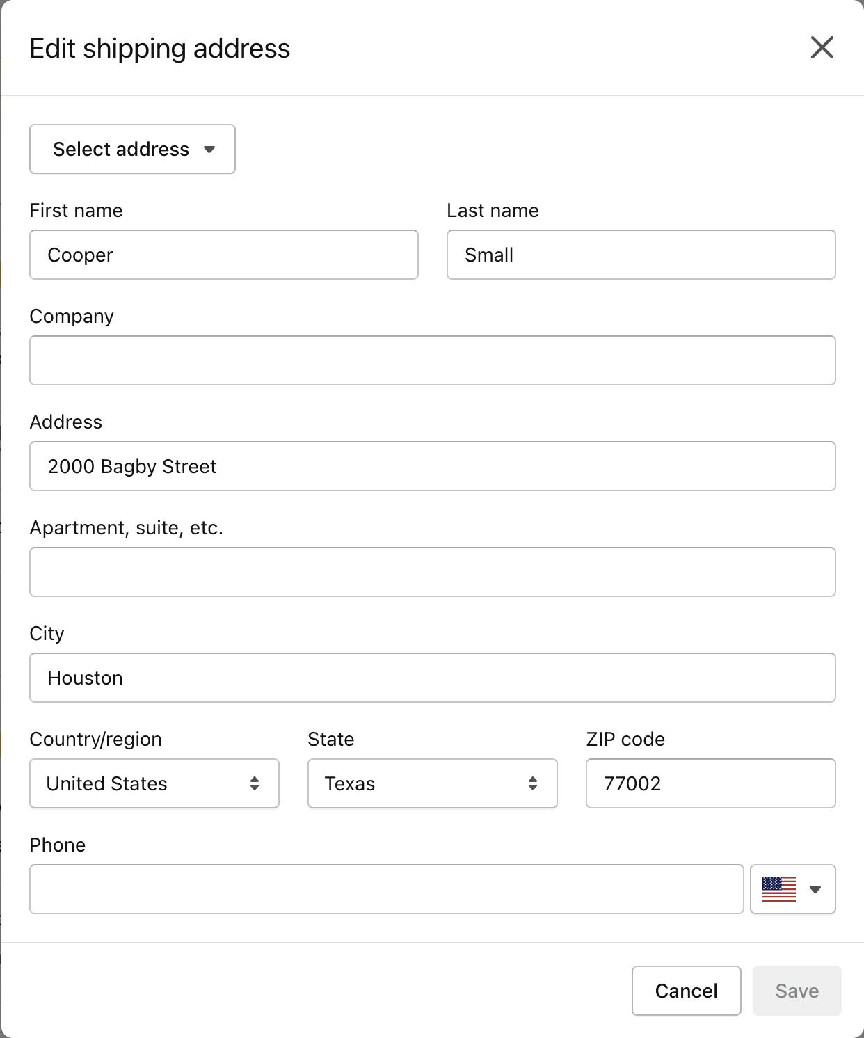 Form to edit shipping address with fields for name, address, and phone number.