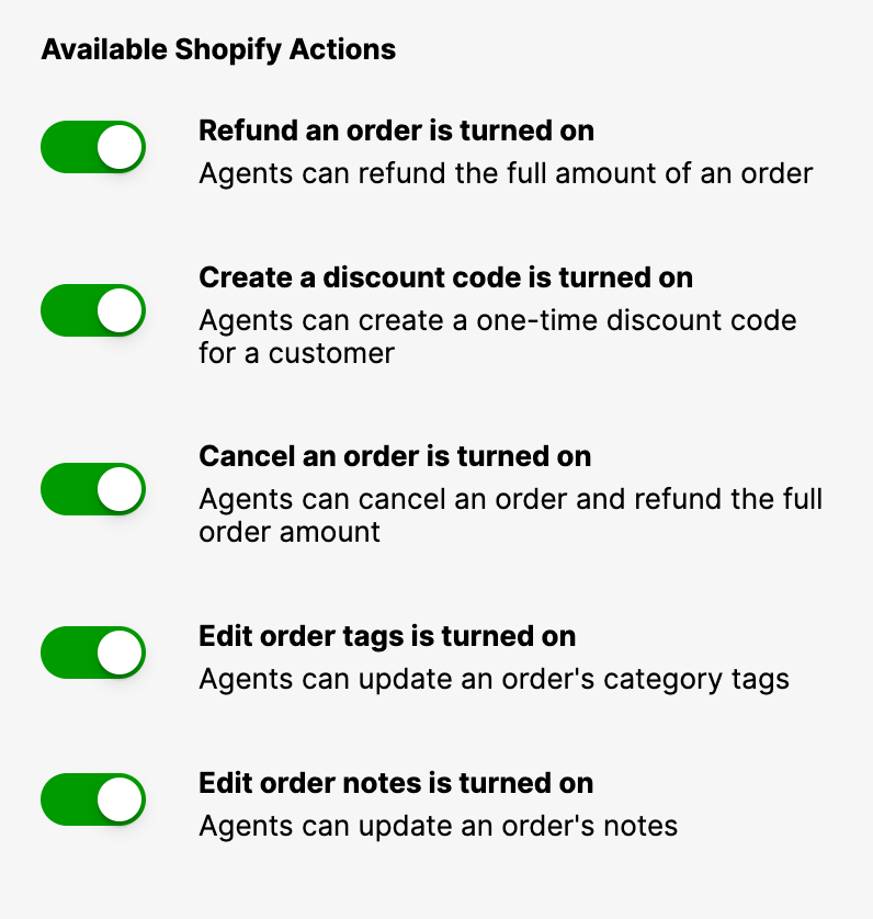 Shopify actions available for agents, including refunding and editing orders.