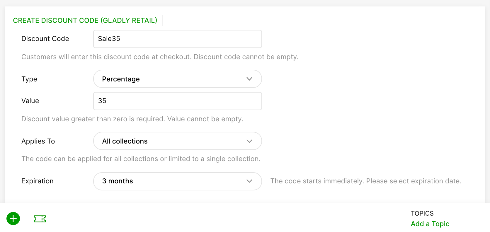 Create a discount code with a percentage value and expiration details for collections.