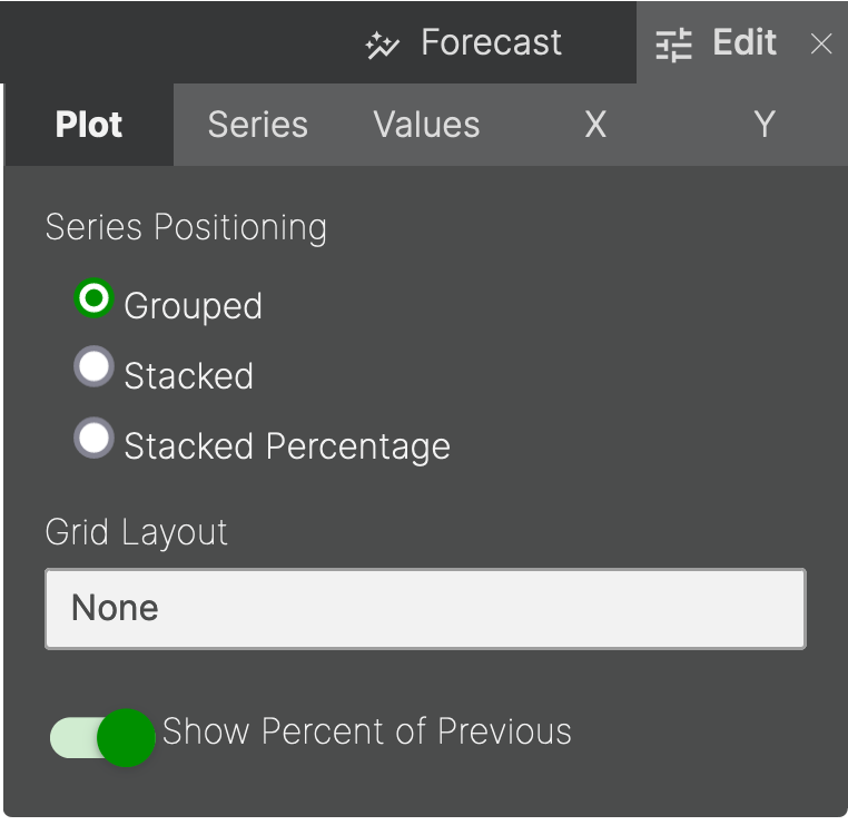 Settings panel showing series positioning options for data visualization in a plot.