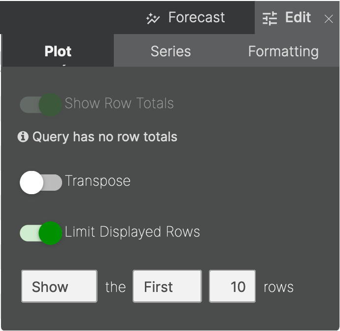 Settings panel showing options for row totals, transposing, and limiting displayed rows.