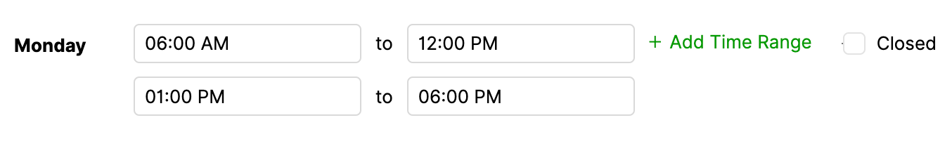 Monday schedule showing time slots for appointments and a closed option.