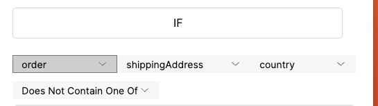 Dropdown menu options for filtering shipping address by country in an order system.