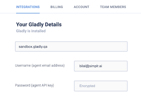 Gladly integration details including username and password fields for setup.