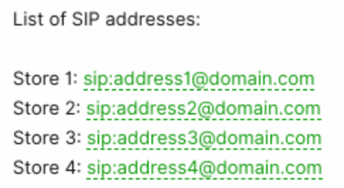 List of SIP addresses for four different stores with corresponding email formats.