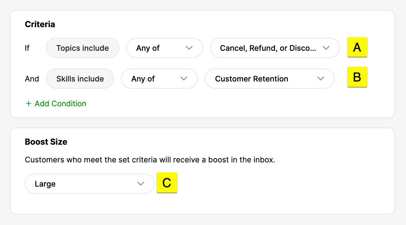 Criteria for customer retention based on topics and skills, with boost size options.