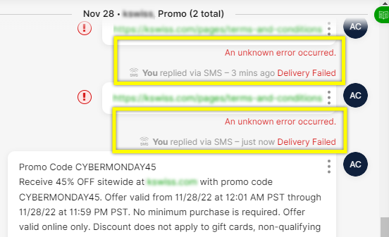 Error messages indicate delivery failures for SMS replies regarding a promo code.