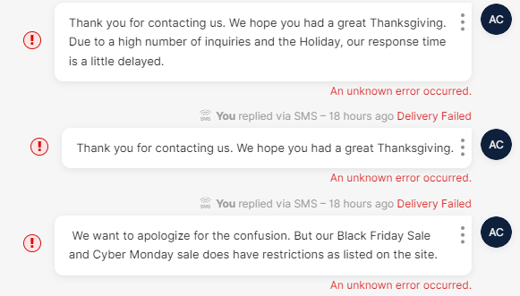 Messages regarding Thanksgiving response delays and Black Friday sale restrictions.