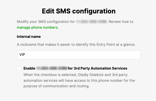 Editing SMS configuration with internal name and automation service options displayed.