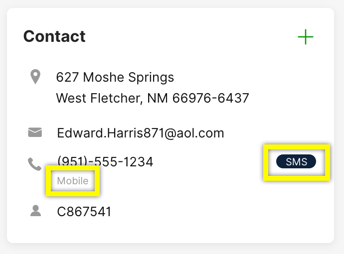 Contact information including address, email, mobile number, and SMS option highlighted.