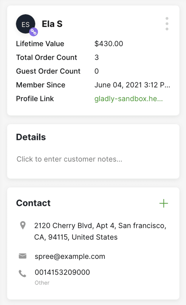 Customer profile showing lifetime value, order counts, and contact information details.