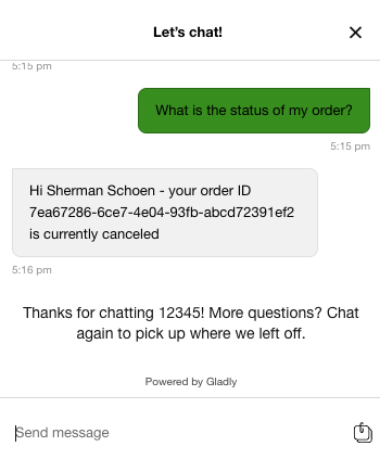 Chat conversation showing order status as canceled for user Sherman Schoen.