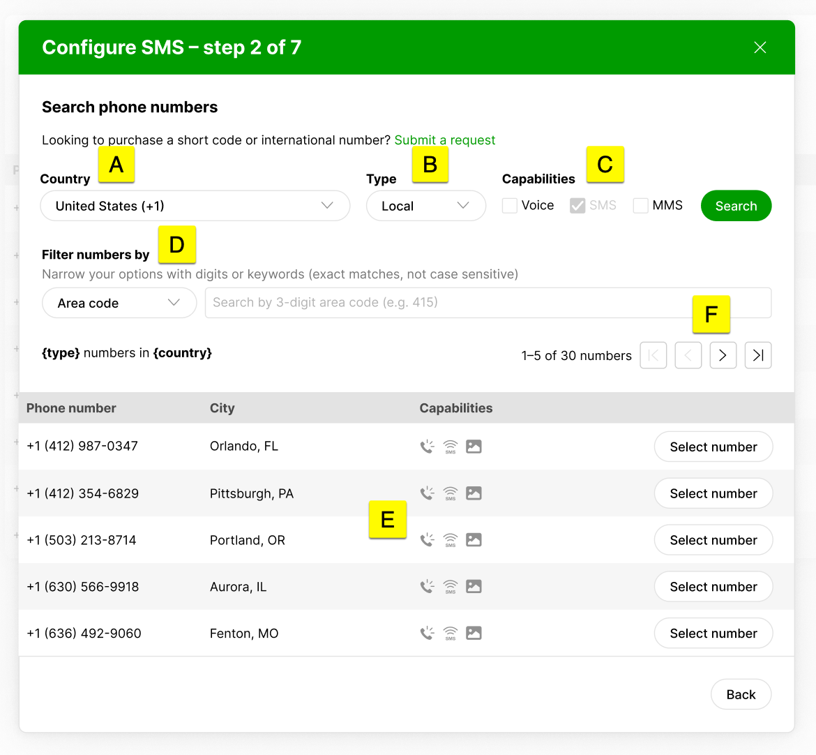 Configuration screen for purchasing SMS numbers with highlighted options and search functionality.