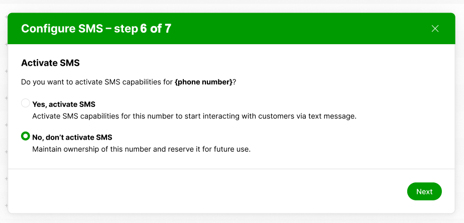 Configuration screen for SMS activation with options for enabling or disabling SMS capabilities.