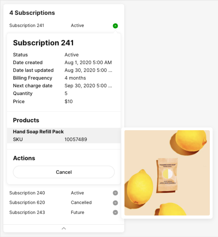 Subscription details for Hand Soap Refill Pack with lemons in the background.