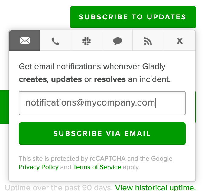 Email subscription form for notifications about Gladly incident updates and resolutions.