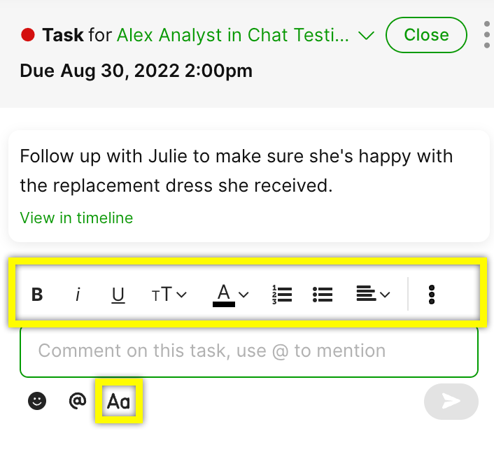 Task reminder for Alex to follow up with Julie about her replacement dress.