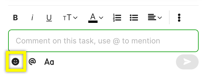 Comment box with an emoji icon and instructions for mentioning users in comments.