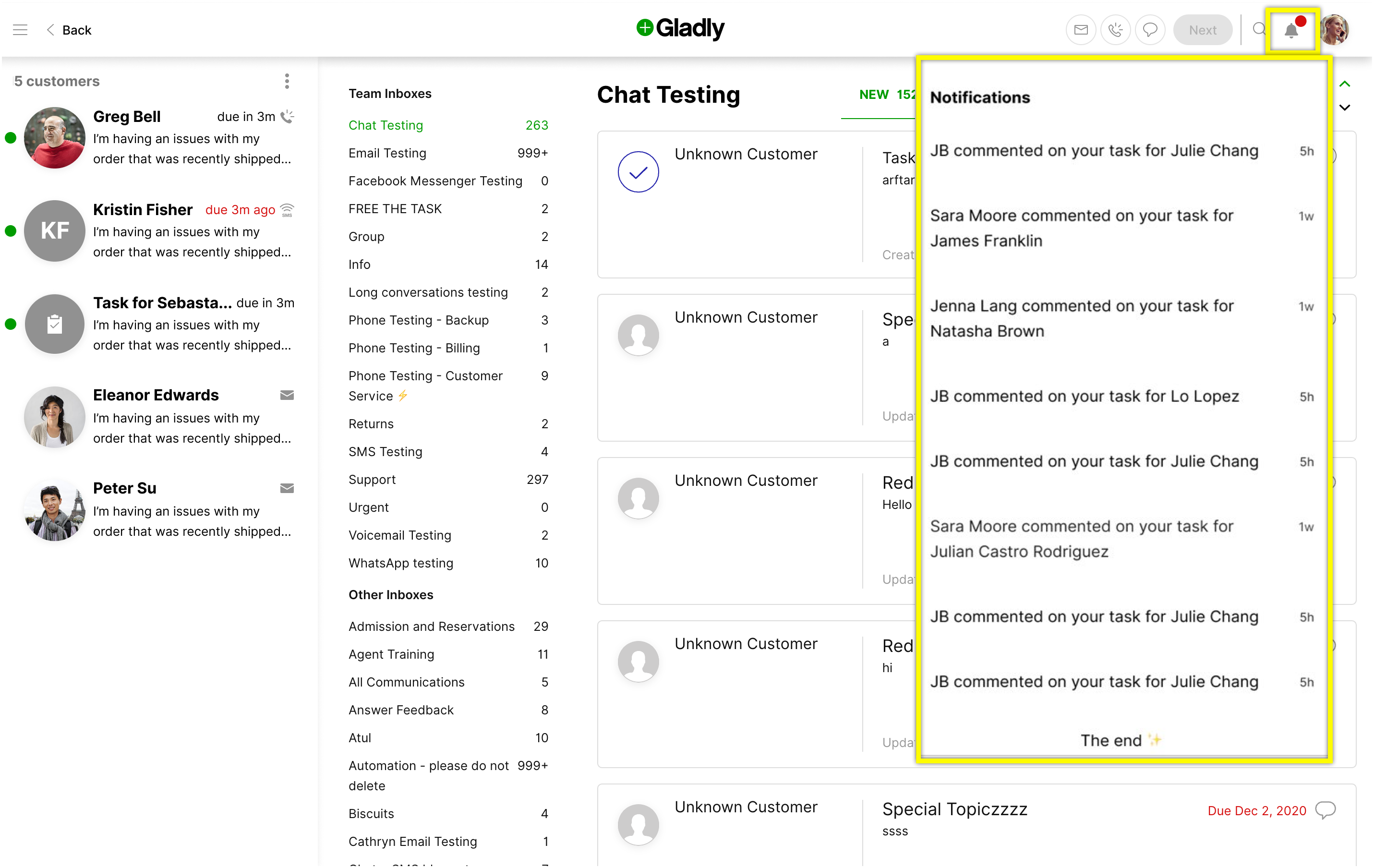 Notifications list showing comments on tasks for various customers and team members.