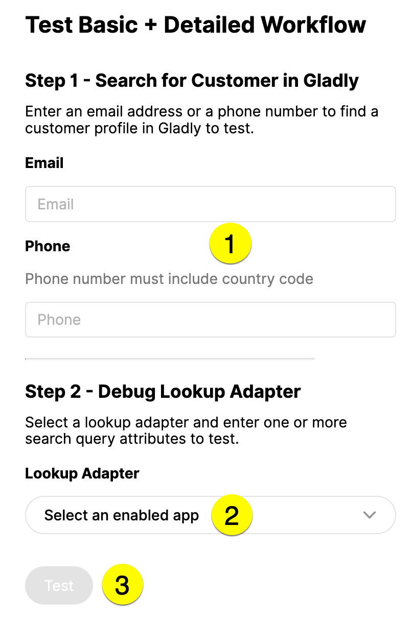 Instructions for searching customers in Gladly with highlighted steps and fields.