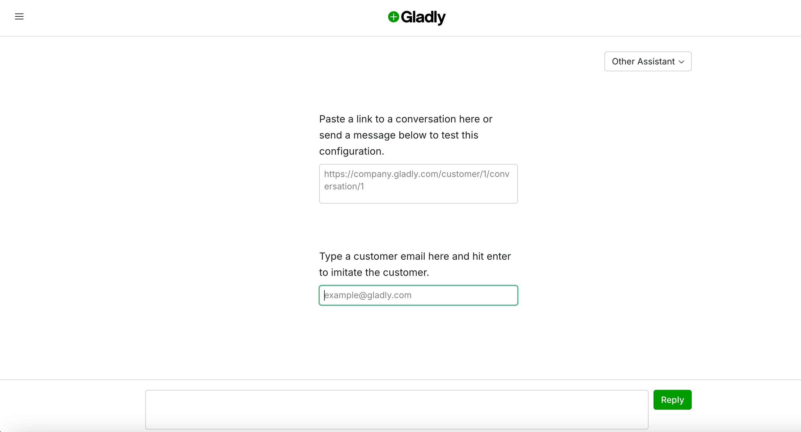 Interface for testing customer conversation links and email imitation in Gladly platform.